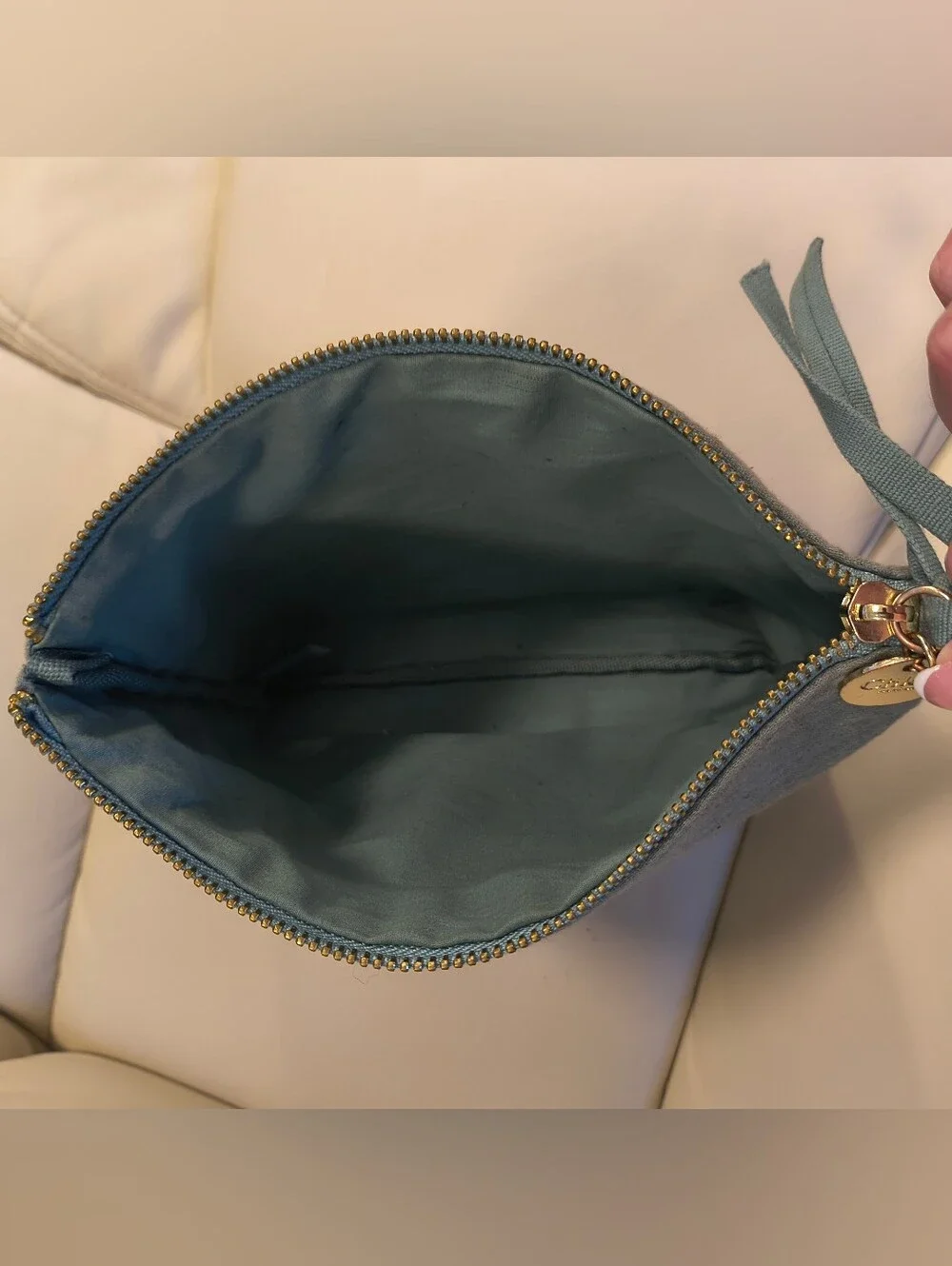 Chloe Parfums Slate Blue Linen Makeup Cosmetic Bag Pouch Gold Logo Zipper